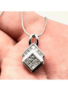 14K White Gold Womens Necklace Princess Cut Diamond Pendant